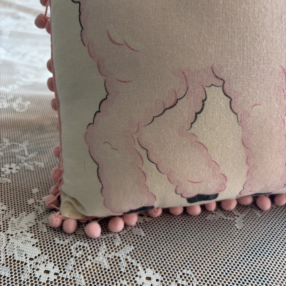 Vintage Inspired Kitschy Lamb Throw Pillow Pink Pom Pom Fringe Square Polka Dots - Picture 9 of 16